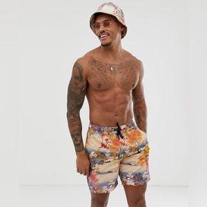 ASOS DESIGN swim shorts in souvenir print in mid length size L